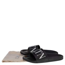Pre Owned Valentino Black/White Rubber VLTN Flat Slides Size 42