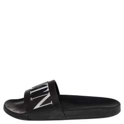 Pre Owned Valentino Black/White Rubber VLTN Flat Slides Size 42