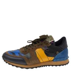 Pre Owned Valentino Multicolor Camouflage Leather And Suede Rockrunner Low Top Sneakers Size 41