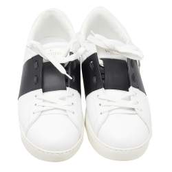 Pre Owned Valentino White/Black Band Leather Open Low Top Sneakers Size 40