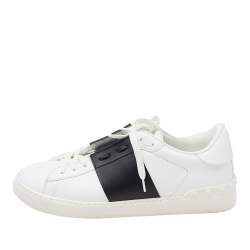 Pre Owned Valentino White/Black Band Leather Open Low Top Sneakers Size 40