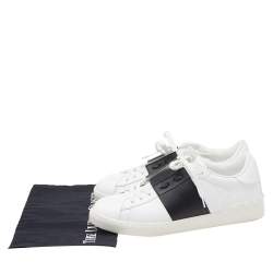 Pre Owned Valentino White/Black Band Leather Open Low Top Sneakers Size 40