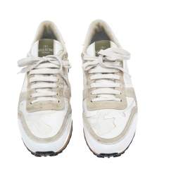 Pre Owned Valentino Grey/White Leather and Suede Rockrunner Low-Top Sneakers Size 42