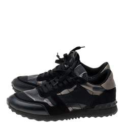 Valentino Black Camouflage Leather And Canvas Rockrunner Low Top Sneakers Size 40.5