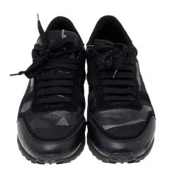 Valentino Black Camouflage Leather And Canvas Rockrunner Low Top Sneakers Size 40.5