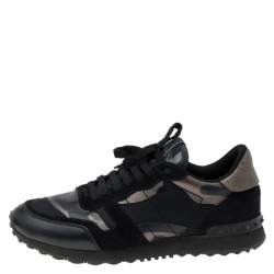 Valentino Black Camouflage Leather And Canvas Rockrunner Low Top Sneakers Size 40.5