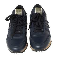 Valentino Navy Blue Leather And  Mesh Rockrunner Low-Top Sneakers Size 41