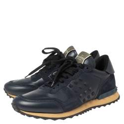 Valentino Navy Blue Leather And  Mesh Rockrunner Low-Top Sneakers Size 41