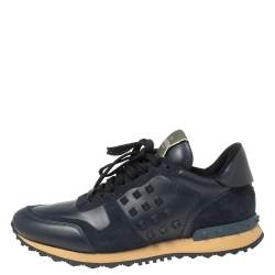 Valentino Navy Blue Leather And  Mesh Rockrunner Low-Top Sneakers Size 41