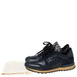 Valentino Navy Blue Leather And  Mesh Rockrunner Low-Top Sneakers Size 41