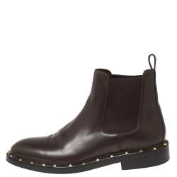 Pre Owned Valentino Dark Brown Leather Studded Chelsea Boots Size 41