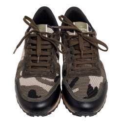 Valentino Army Green Camo Fabric, Suede and Leather Rockrunner Sneakers Size 43.5