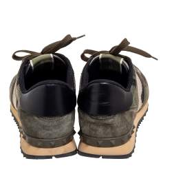 Valentino Army Green Camo Fabric, Suede and Leather Rockrunner Sneakers Size 43.5