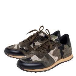 Valentino Army Green Camo Fabric, Suede and Leather Rockrunner Sneakers Size 43.5