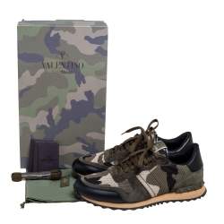 Valentino Army Green Camo Fabric, Suede and Leather Rockrunner Sneakers Size 43.5