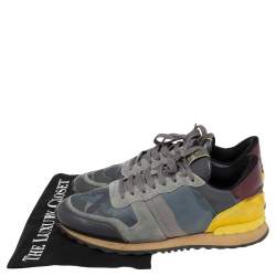 Valentino Yellow/Grey Camo Leather and Suede Rockrunner Low-Top Sneakers Size 42