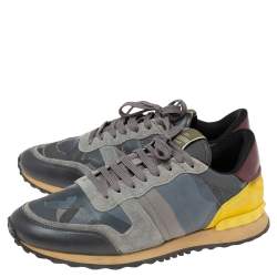 Valentino Yellow/Grey Camo Leather and Suede Rockrunner Low-Top Sneakers Size 42