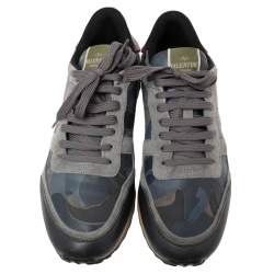 Valentino Yellow/Grey Camo Leather and Suede Rockrunner Low-Top Sneakers Size 42