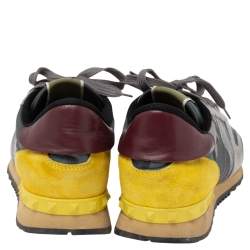 Valentino Yellow/Grey Camo Leather and Suede Rockrunner Low-Top Sneakers Size 42