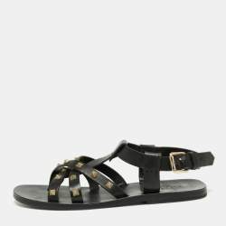 Pre Owned Valentino Black Leather Rockstud Strappy Flat Sandals Size 41