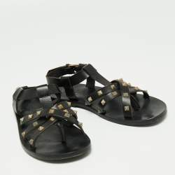 Pre Owned Valentino Black Leather Rockstud Strappy Flat Sandals Size 41