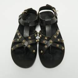 Pre Owned Valentino Black Leather Rockstud Strappy Flat Sandals Size 41