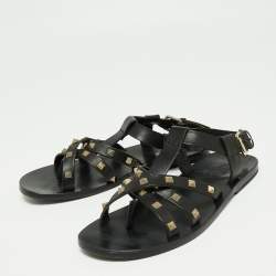 Pre Owned Valentino Black Leather Rockstud Strappy Flat Sandals Size 41