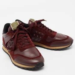 Pre Owned Valentino Burgundy Suede and Leather Rockrunner Low-Top Sneakers Size 41