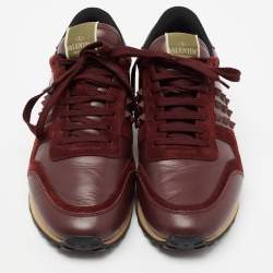 Pre Owned Valentino Burgundy Suede and Leather Rockrunner Low-Top Sneakers Size 41