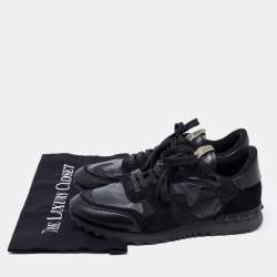 Pre Owned Valentino Black Camouflage Print Leather, Canvas and Suede Rockrunner Low-Top Sneakers Size 40