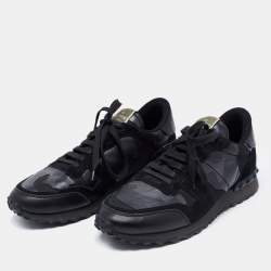 Pre Owned Valentino Black Camouflage Print Leather, Canvas and Suede Rockrunner Low-Top Sneakers Size 40