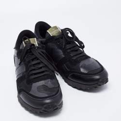 Pre Owned Valentino Black Camouflage Print Leather, Canvas and Suede Rockrunner Low-Top Sneakers Size 40