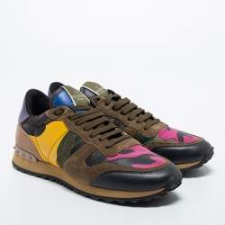 Valentino Multicolor Comflouge Print Leather and Suede Rockrunner Sneakers Size 41