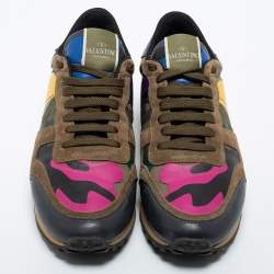 Valentino Multicolor Comflouge Print Leather and Suede Rockrunner Sneakers Size 41