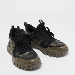 Valentino Black/Olive Green Camo Print Canvas, Leather and Suede Rockrunner Plus Sneakers Size 42.5