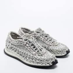 Pre Owned Valentino Grey/White Knit Fabric Lace Up Sneakers Size 43.5