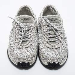 Pre Owned Valentino Grey/White Knit Fabric Lace Up Sneakers Size 43.5
