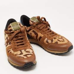 Valentino Tricolor Leopard Print Calf Hair and Leather Rockrunner Sneakers Size 42