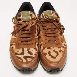 Valentino Tricolor Leopard Print Calf Hair and Leather Rockrunner Sneakers Size 42