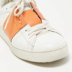 Valentino White/Orange Leather Rockstud Low Top Sneakers Size 40