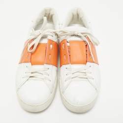 Valentino White/Orange Leather Rockstud Low Top Sneakers Size 40
