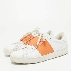 Valentino White/Orange Leather Rockstud Low Top Sneakers Size 40