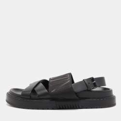 Pre Owned Valentino Black Leather and Nylon VLTN Cross Strap Sandals Size 42