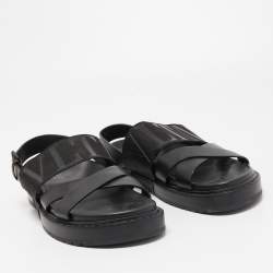 Pre Owned Valentino Black Leather and Nylon VLTN Cross Strap Sandals Size 42