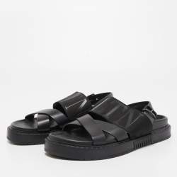 Pre Owned Valentino Black Leather and Nylon VLTN Cross Strap Sandals Size 42