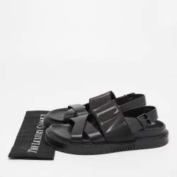 Pre Owned Valentino Black Leather and Nylon VLTN Cross Strap Sandals Size 42