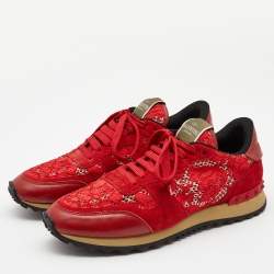 Valentino Red Lace and Suede Rockrunner Low Top Sneakers Size 40