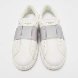 Pre Owned Valentino White/Grey Leather Rockstud Slip On Sneakers Size 45