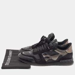 Pre Owned Valentino Black/Metallic Leather and Suede Rockrunner Sneakers Size 43