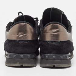 Pre Owned Valentino Black/Metallic Leather and Suede Rockrunner Sneakers Size 43